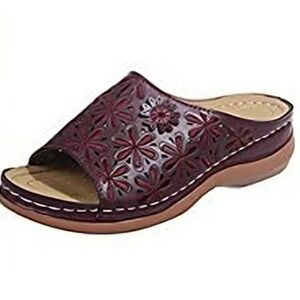 Womens Open Toe Floral Cutout Wedge Sandals Burgundy Comfort Slides Size Medium